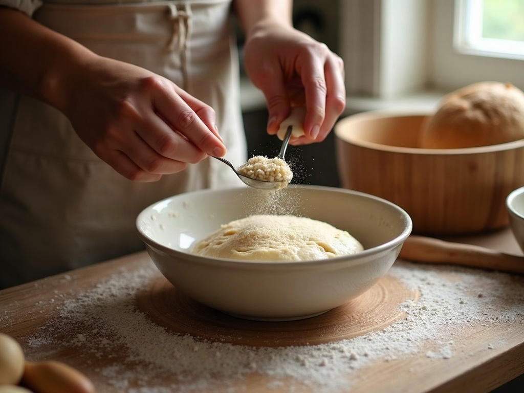 Adding bubbly starter and salt to a bowl of rested sourdough dough