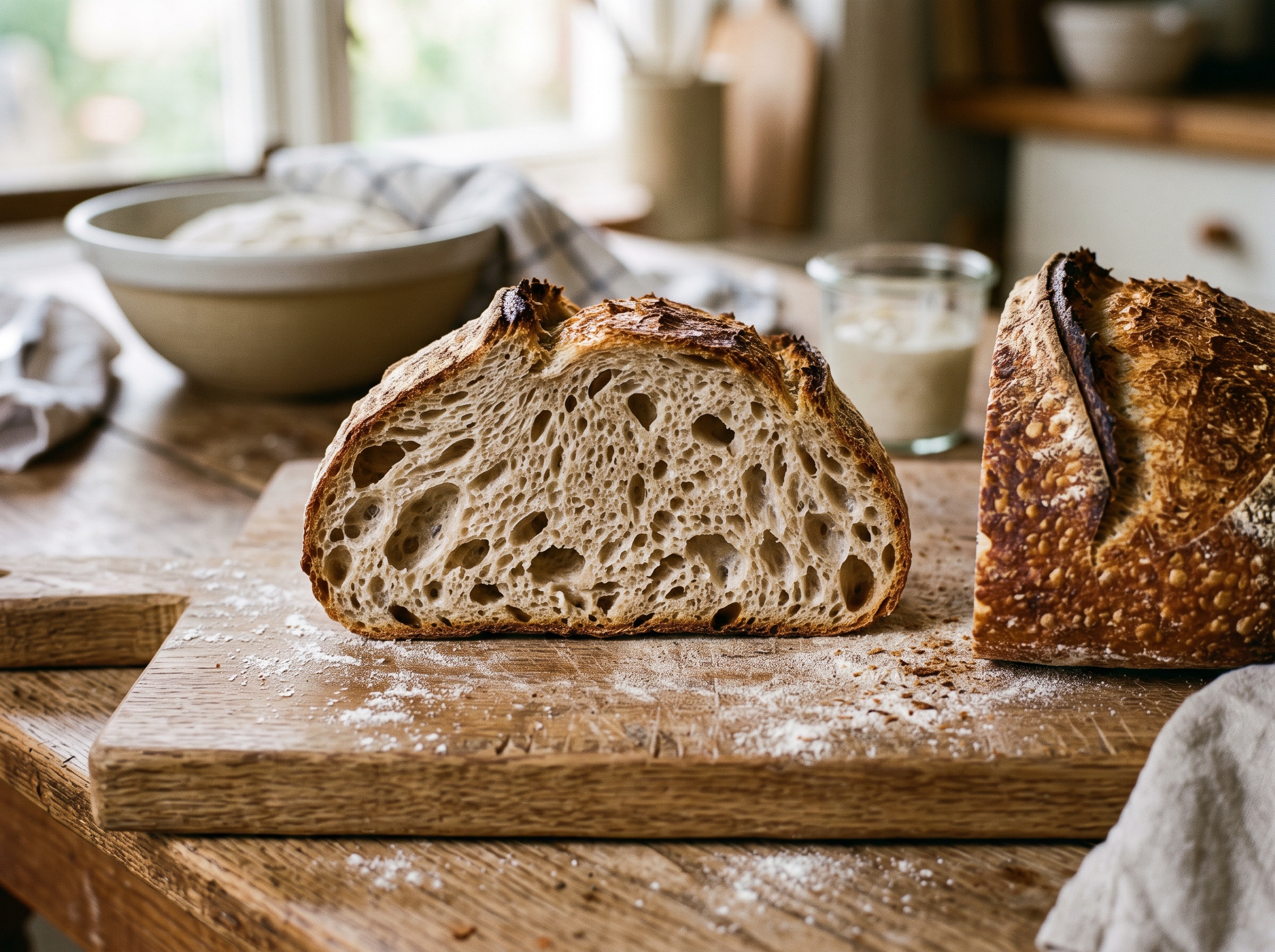 Cross-section of a well-baked sourdough boule with an open, airy crumb