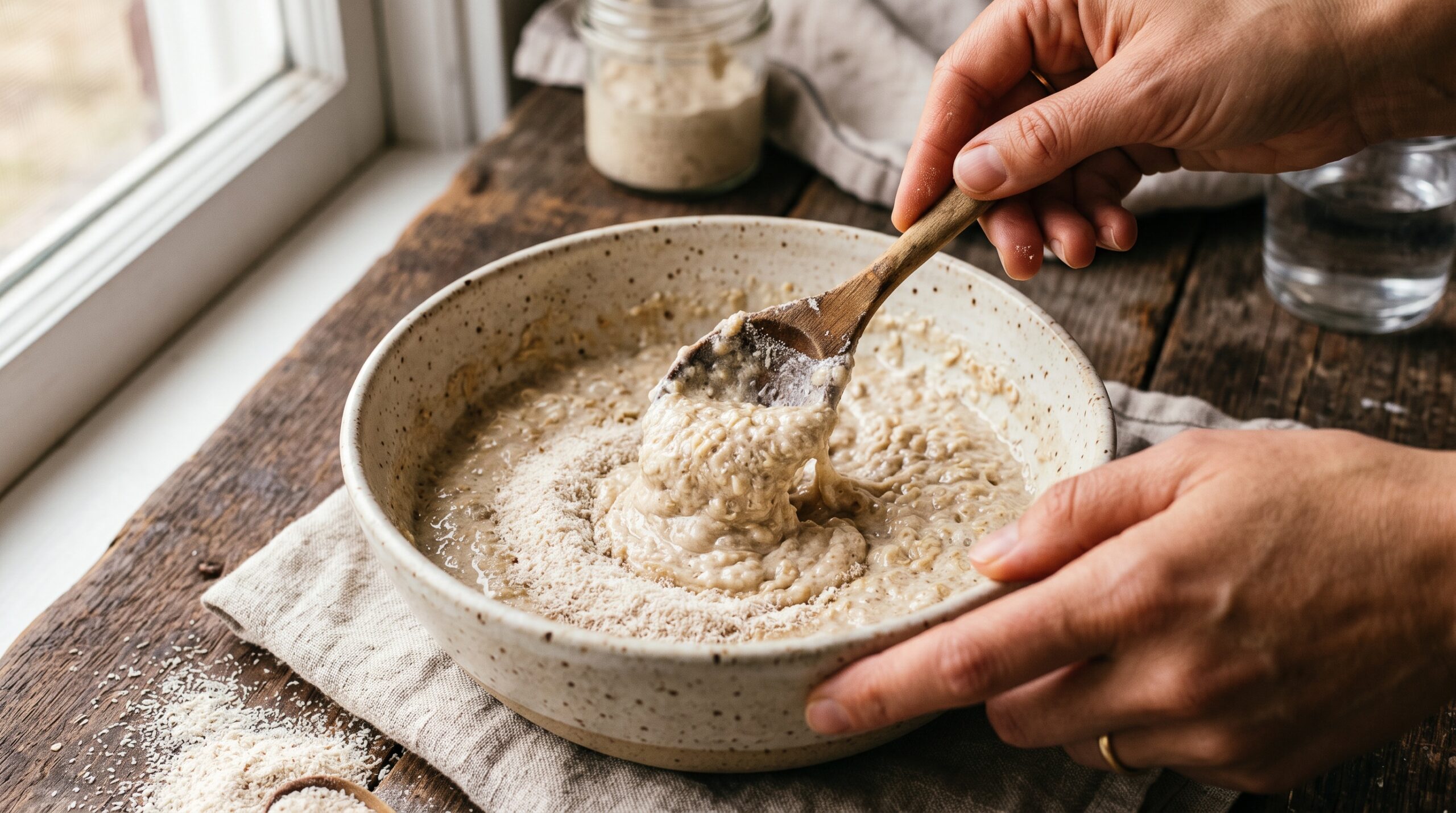 Psyllium husk being stirred into a wet gluten-free sourdough batter, forming a thick gel, hands in frame