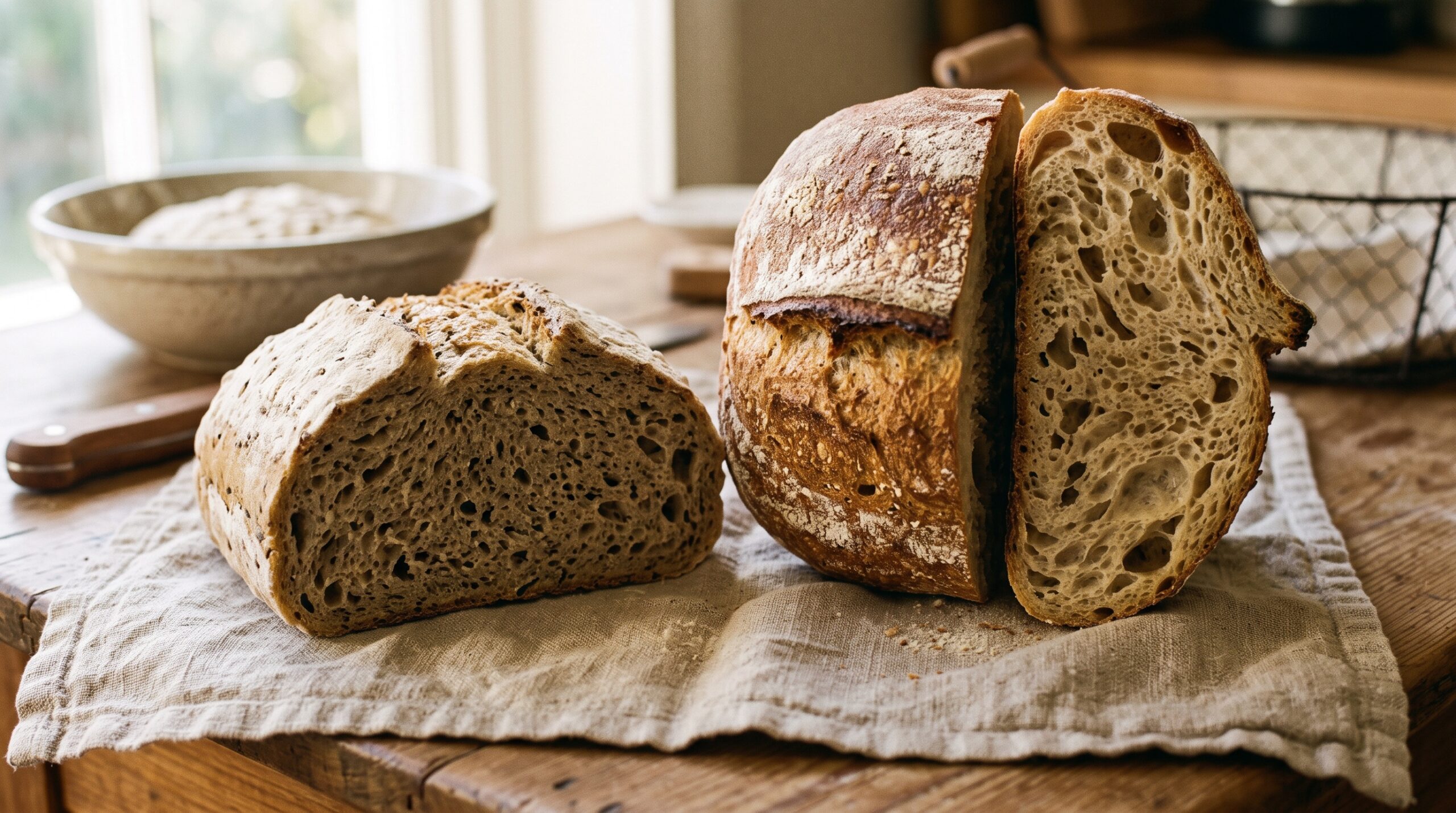 Two gluten-free sourdough loaves side by side, one squat and dense, one taller with a lighter set crumb