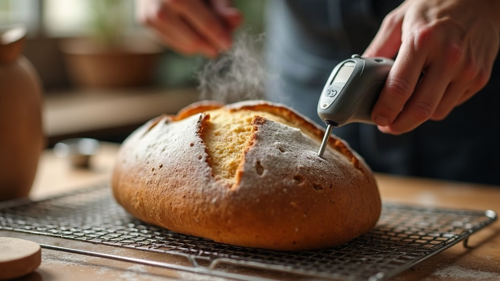 An instant-read thermometer probe in the base of a gluten-free sourdough loaf cooling on a rack with steam rising