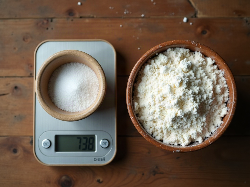 A kitchen scale with salt beside a bowl of flour on a wooden counter