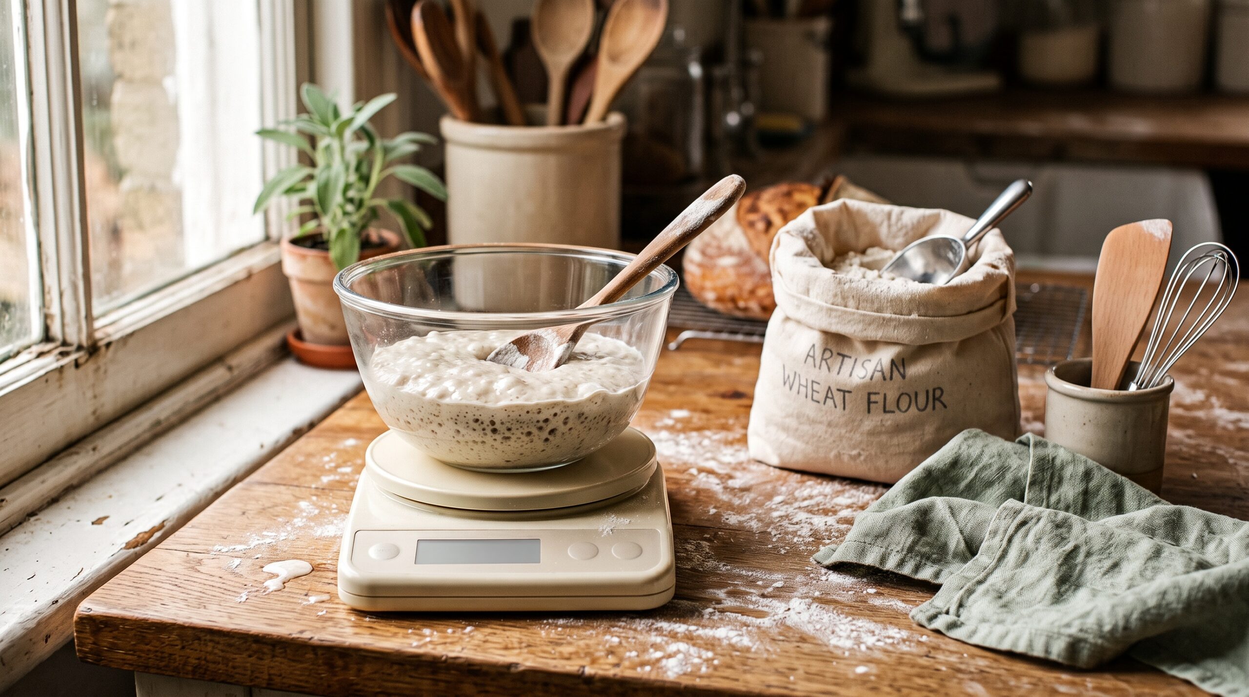 Weighing a scoop of active sourdough starter on a kitchen scale beside flour