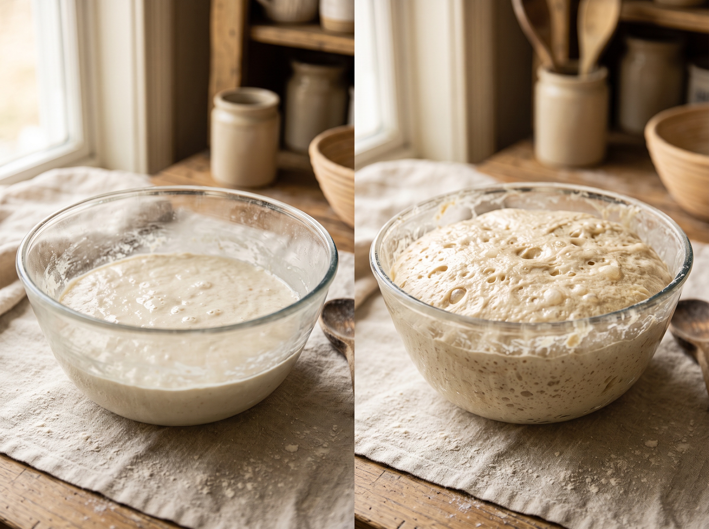 Two bowls of dough compared, one lightly risen and one puffy and bubbly