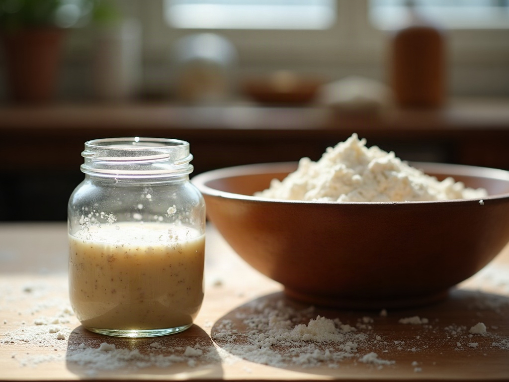 A small jar of ripe starter next to a large bowl of flour for mixing dough