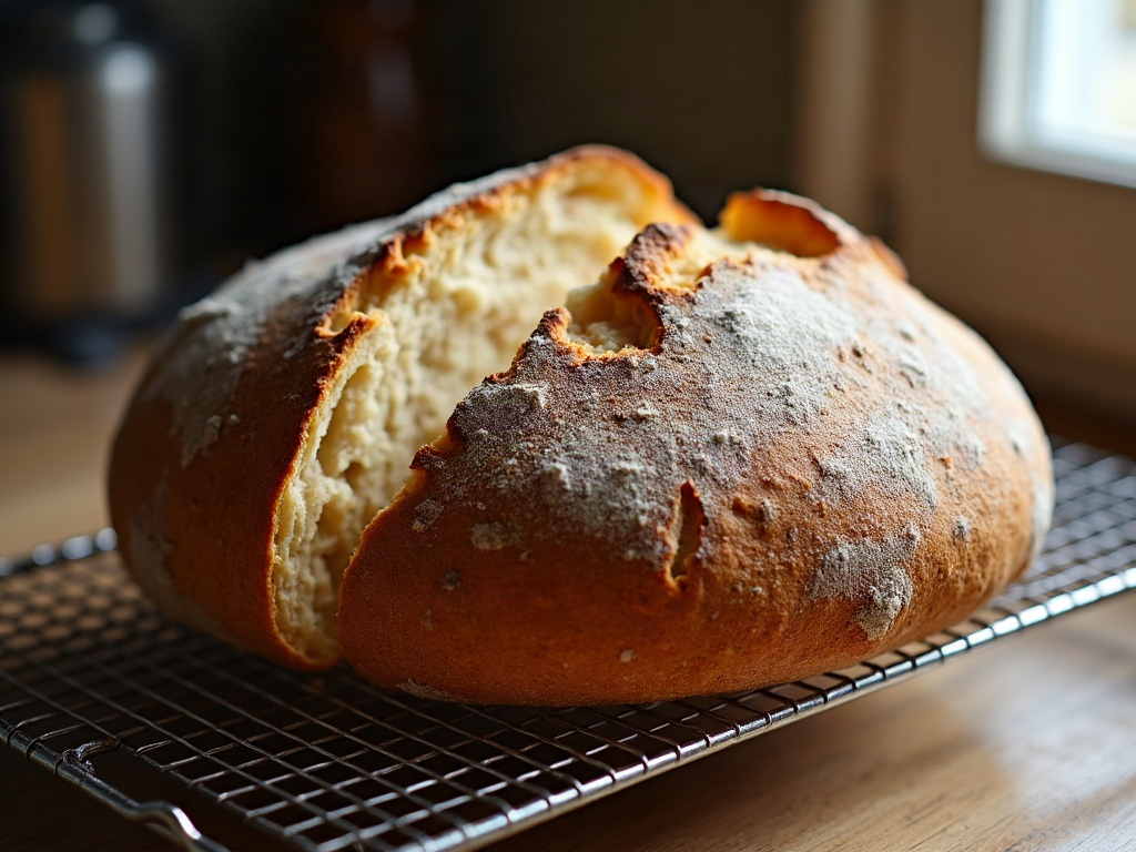 A finished sourdough boule cooling on a rack
