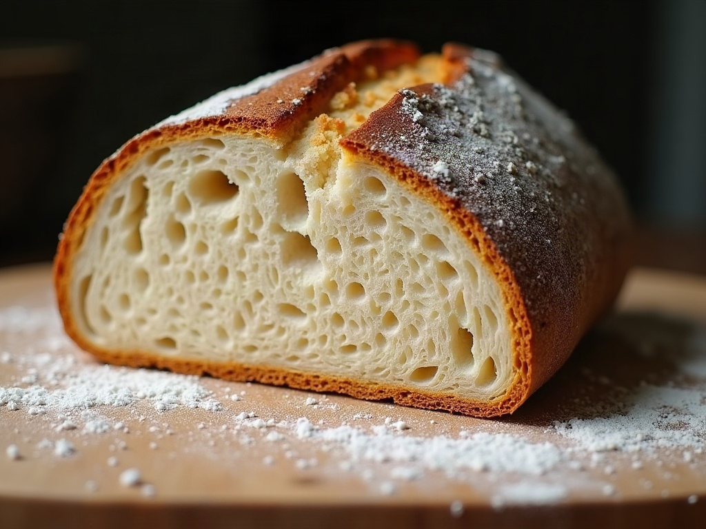 A halved sourdough loaf standing on its cut face to protect the crumb