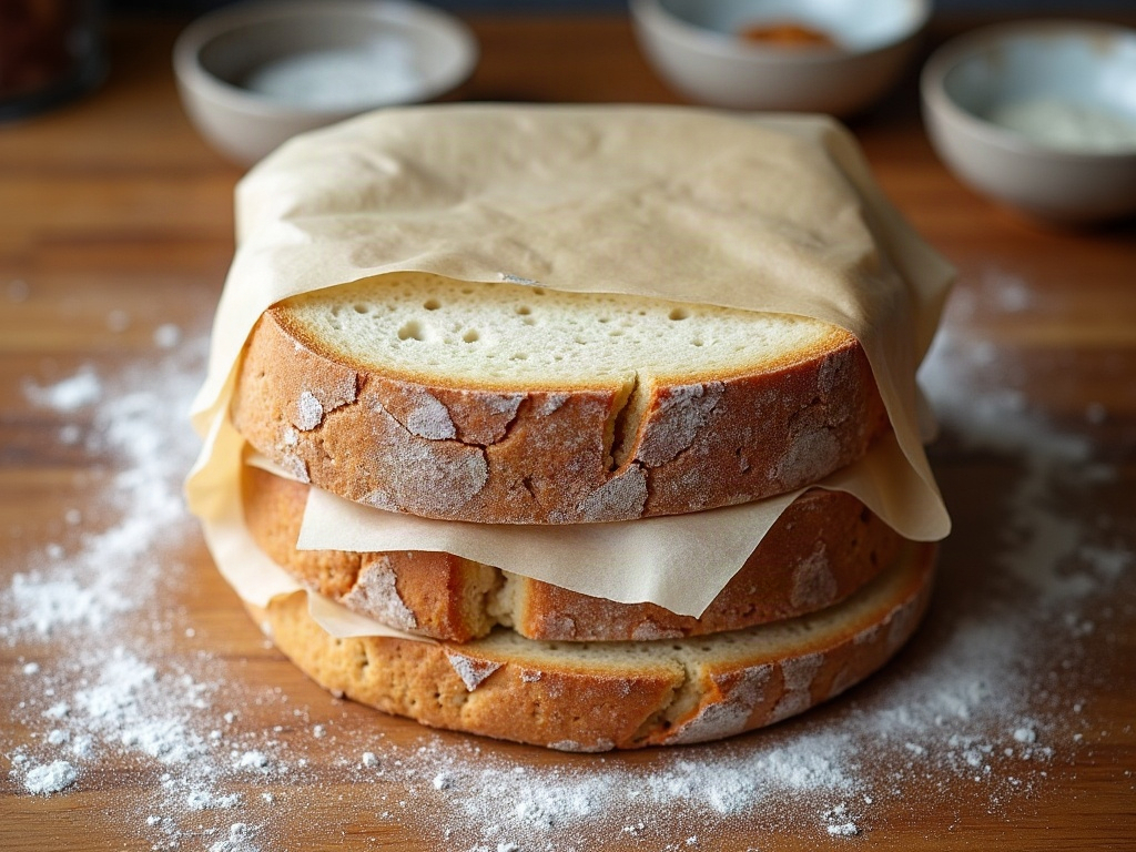 Slices of sourdough stacked with parchment between them ready to freeze