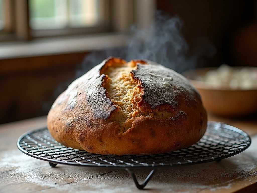 A refreshed sourdough loaf on a cooling rack with a crisp crust and light steam