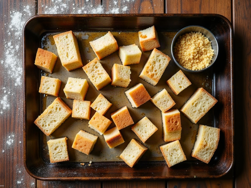 Cubes of stale sourdough on a tray becoming croutons beside a bowl of breadcrumbs
