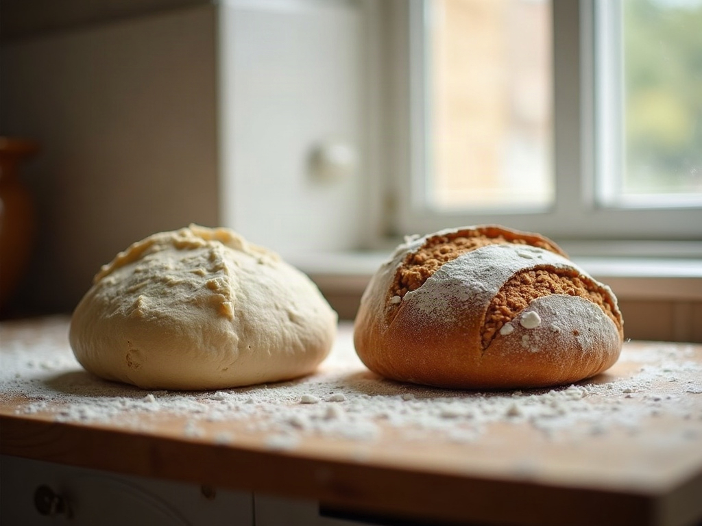 Two sourdough rounds compared, one flat and spreading and one tall and taut