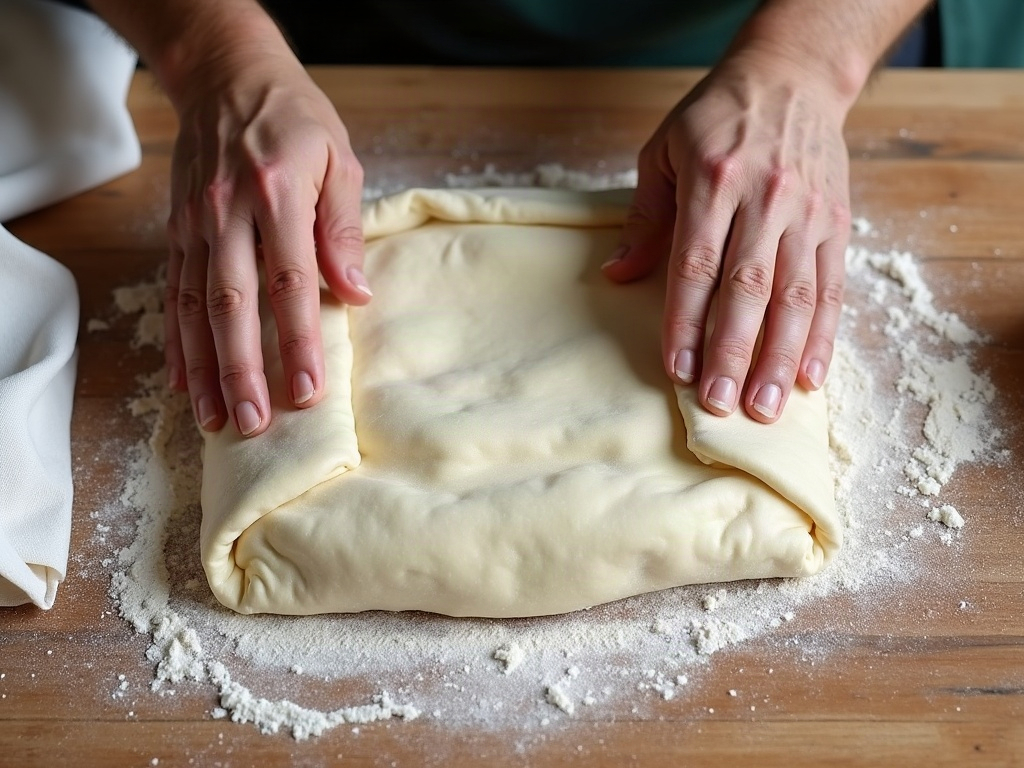 A baker folding sourdough dough into a parcel during final shaping