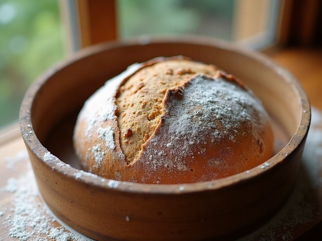 A tightly shaped sourdough boule resting seam-side up in a floured banneton