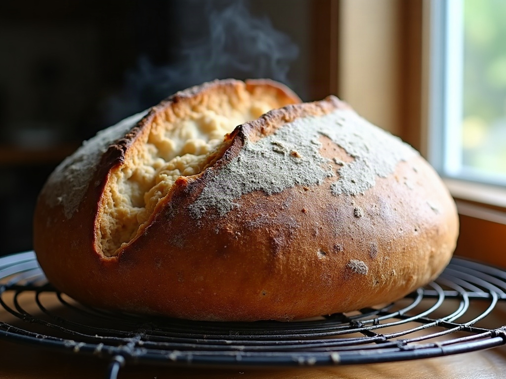A tall well-risen round sourdough loaf with a dramatic ear and golden crust on a rack