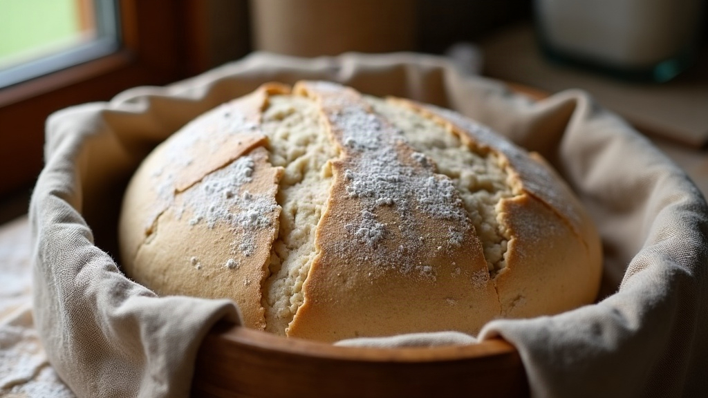 A single small shaped sourdough loaf proofing in a round banneton