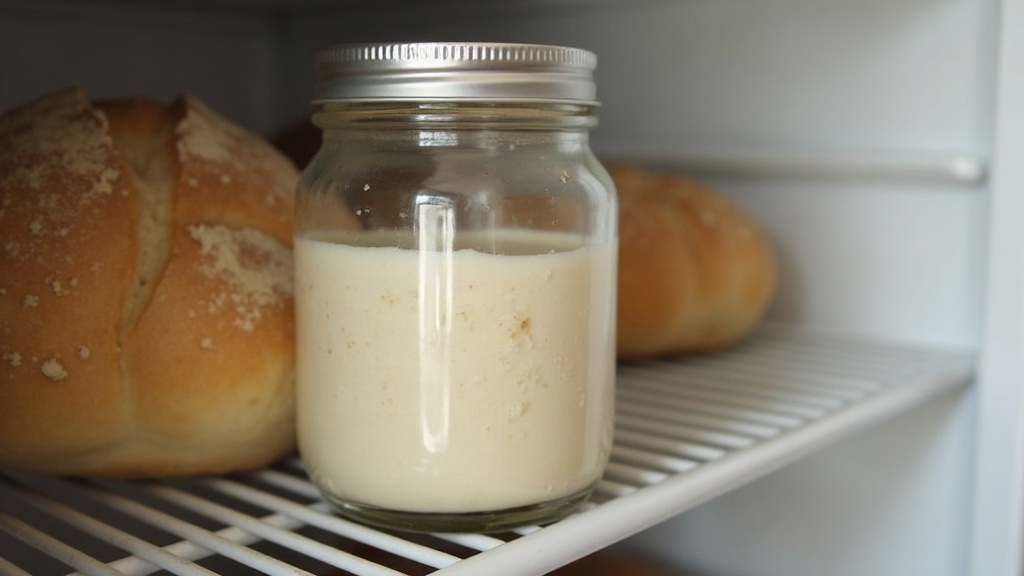 A small starter jar going into the fridge to rest between weekly bakes