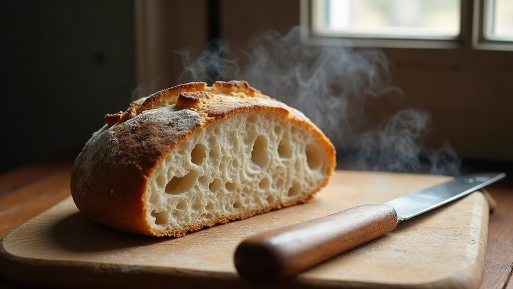 A single small-batch sourdough loaf sliced open to show an open, airy crumb