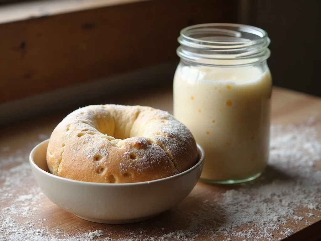 Stiff sourdough bagel dough beside a jar of active bubbly starter