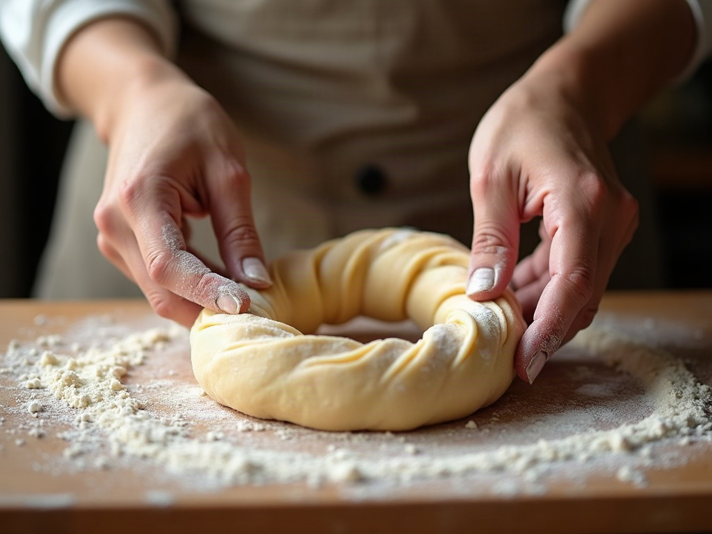 Hands shaping bagel dough into a ring on a floured board