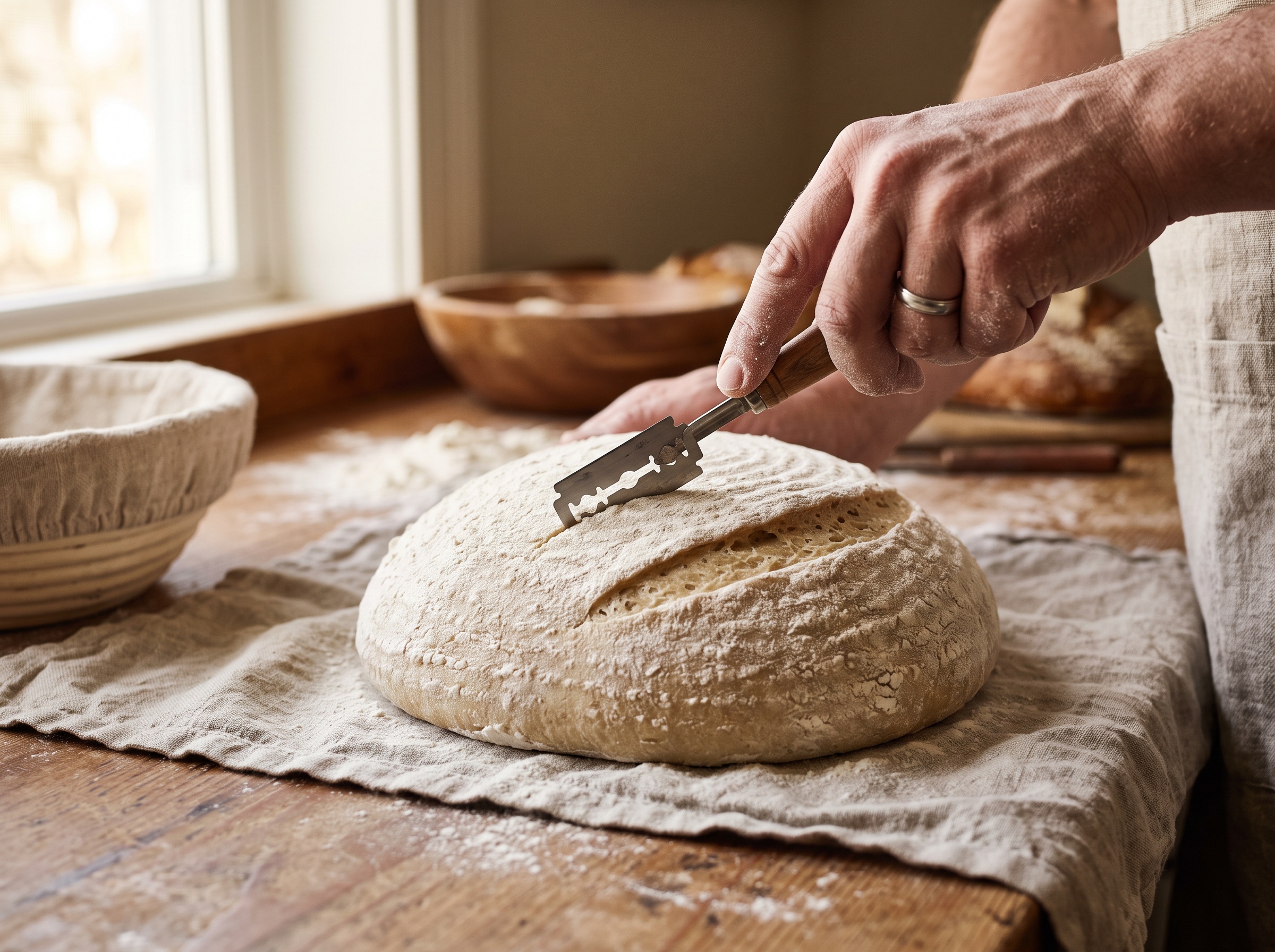 A hand scoring a round of sourdough at a shallow angle with a lame to make one clean deep cut