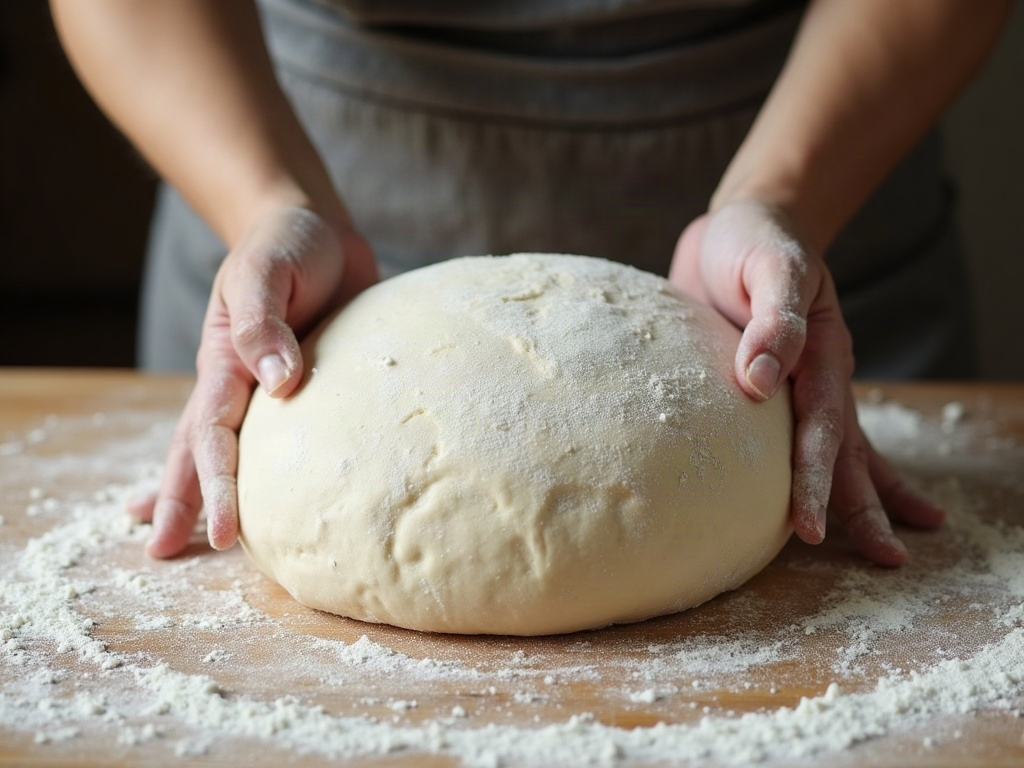 Two hands shaping a boule of sourdough on a floured surface, building a taut smooth skin