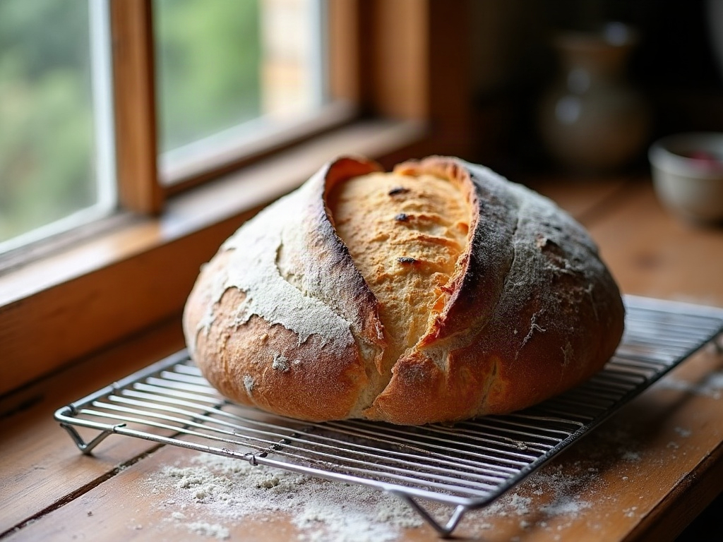 A finished sourdough loaf with a single clean score opened into a raised curling ear and blistered crust