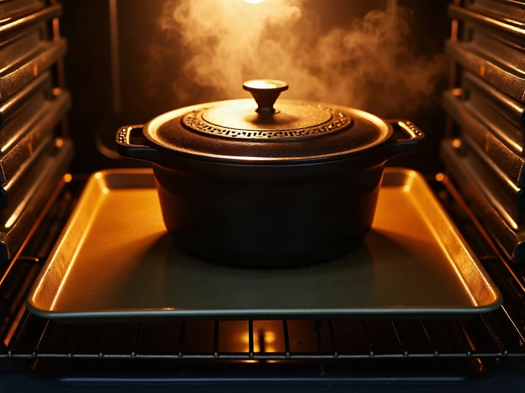 A Dutch oven on the middle rack with an empty baking tray on the rack beneath it to block direct bottom heat