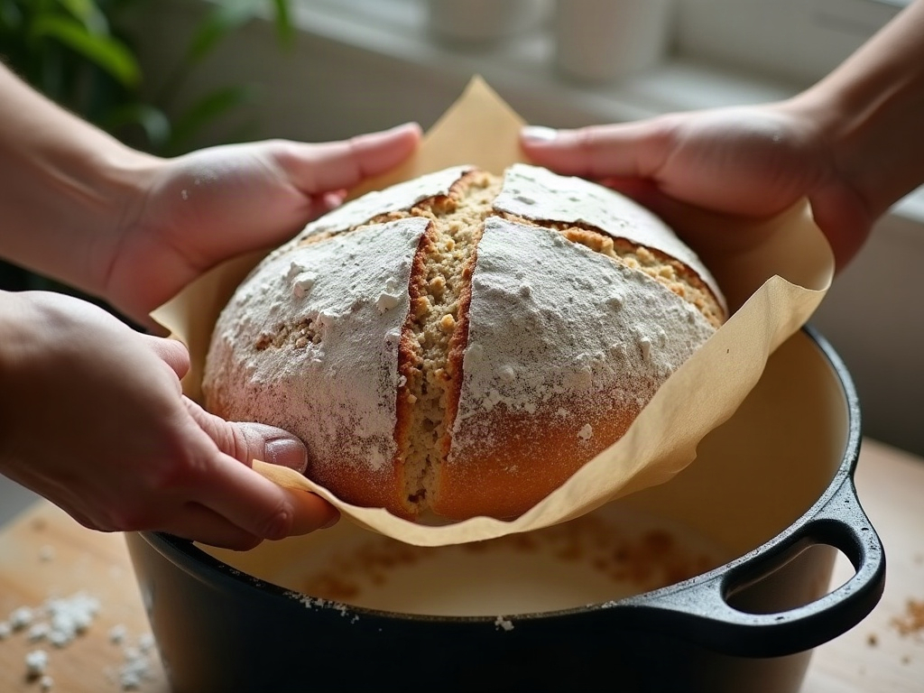 Hands lowering a scored sourdough on parchment paper into a hot Dutch oven