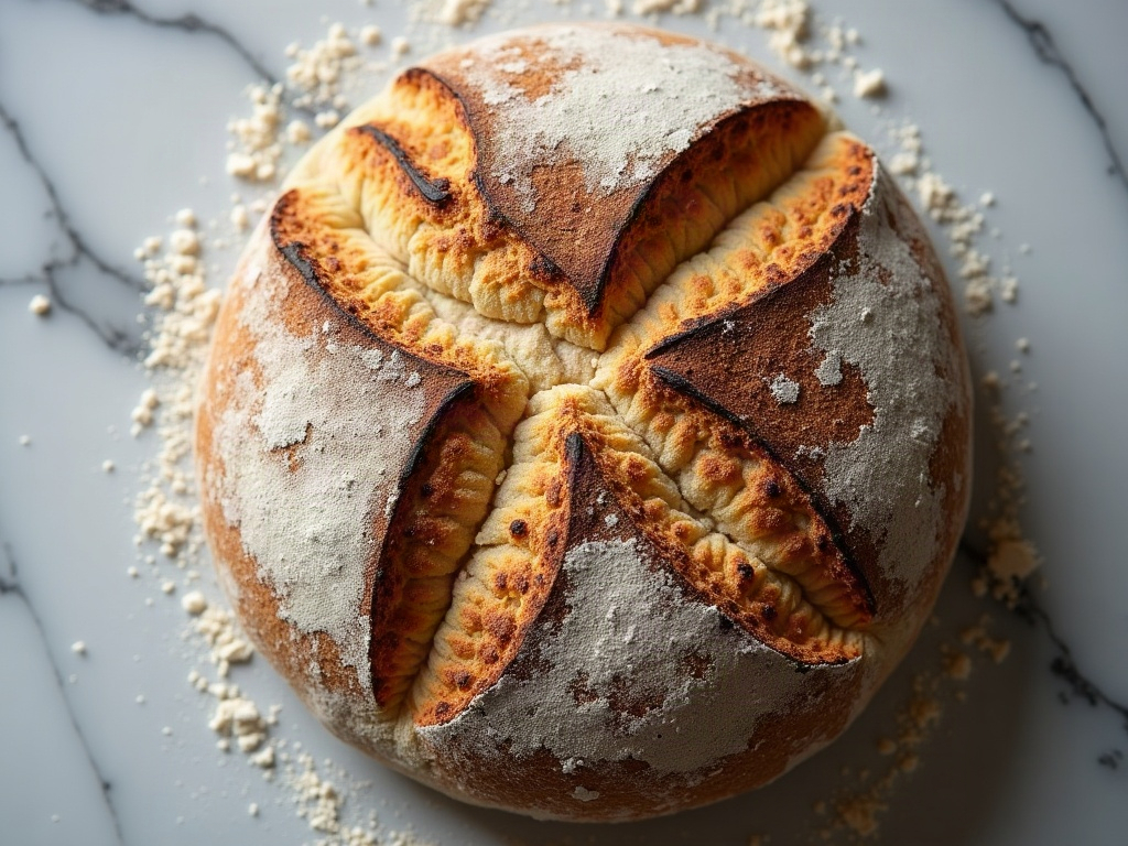 Close-up of a sourdough base speckled with dark burnt flecks from scorched dusting flour