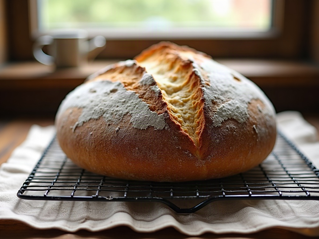 A cooling sourdough loaf turned over to show a perfectly even golden-brown bottom crust