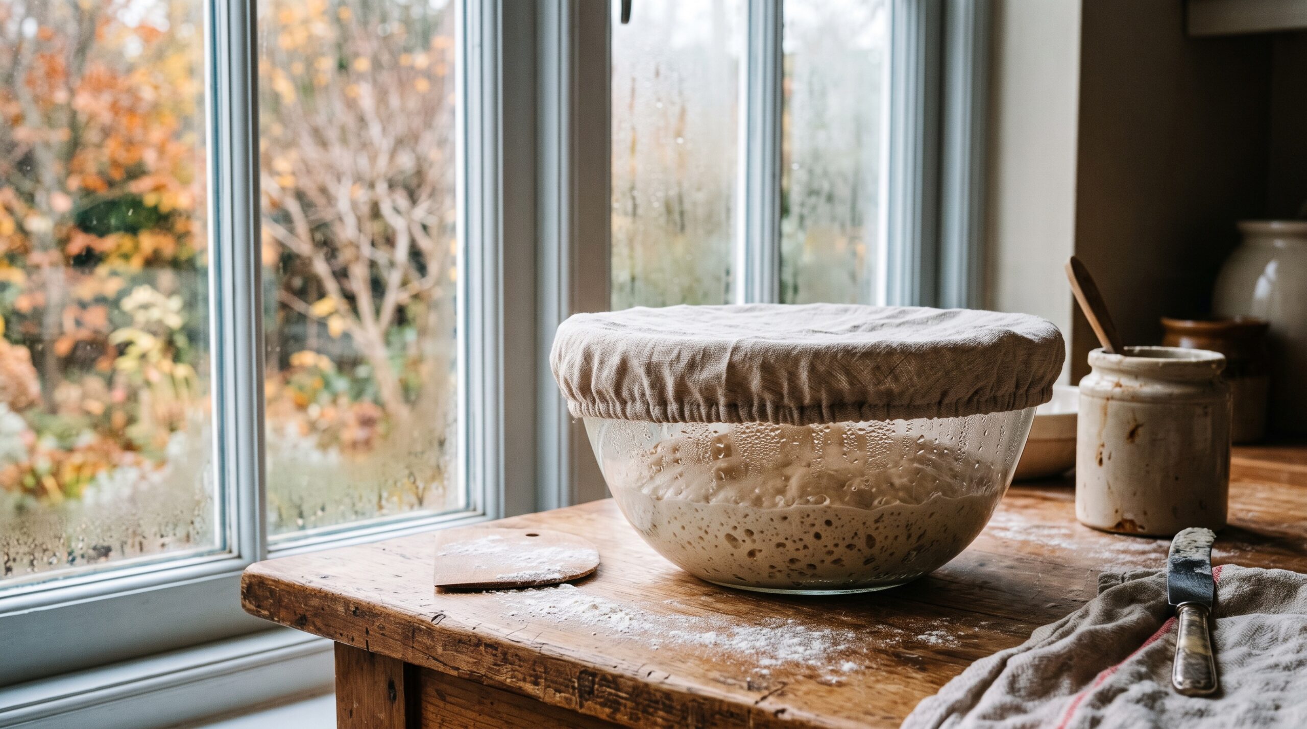 Bowl of sourdough dough proofing on a counter by a cool autumn window under a linen cloth