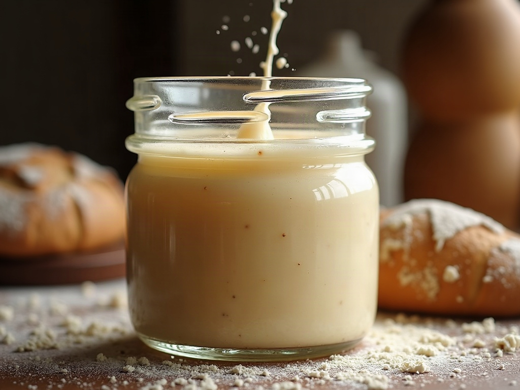 Bubbly active sourdough starter in a glass jar resting in a warm spot in the kitchen
