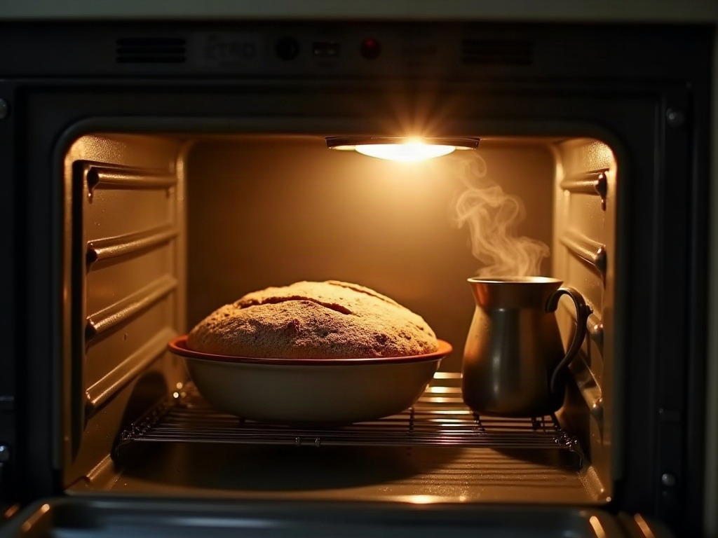 Covered bowl of dough proofing inside an oven with the light on beside a jug of hot water