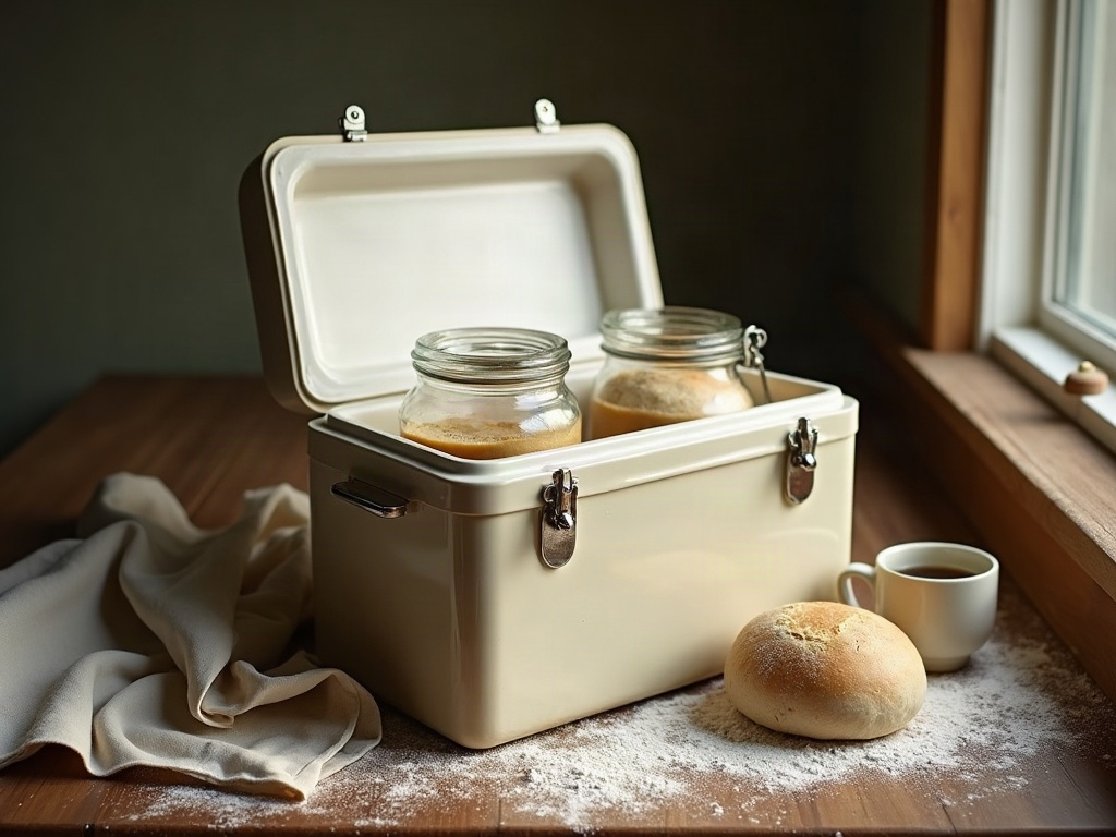 Insulated cooler used as a proofing box holding dough and starter with a mug of hot water