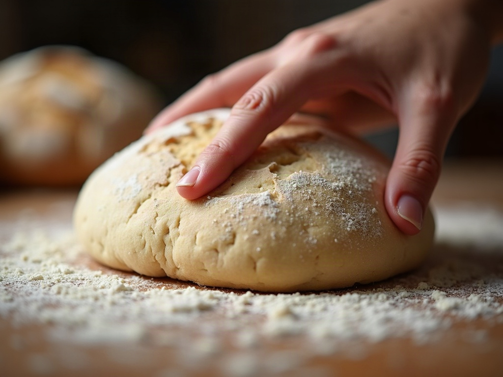 A finger pressing proofed sourdough to test how quickly the dimple springs back