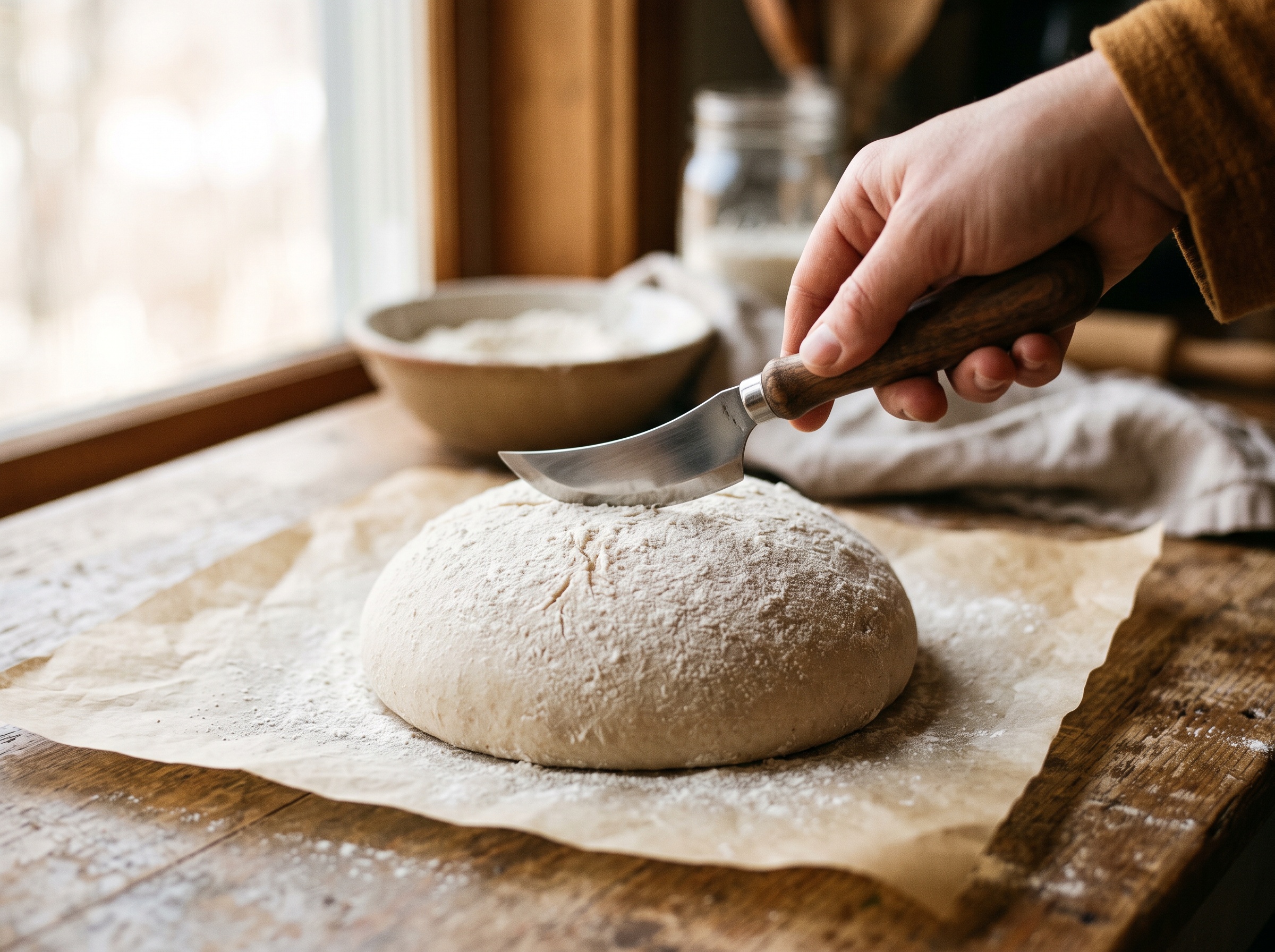 A bread lame poised over a taut round of sourdough ready to be scored