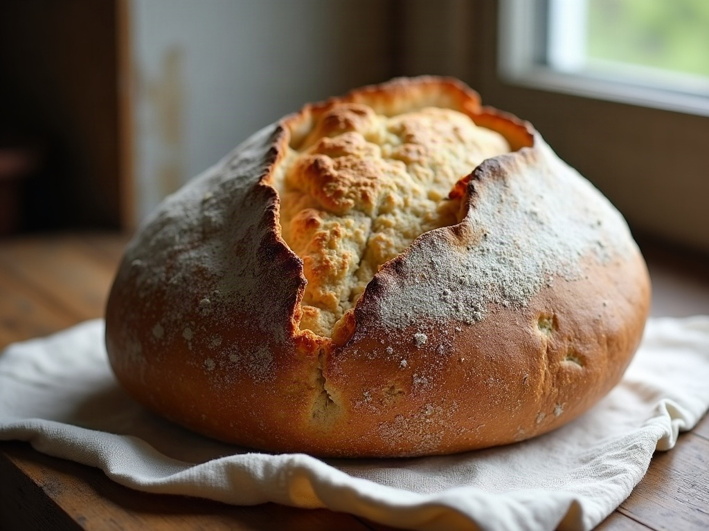 A tall, well-risen sourdough boule with a dramatic ear cooling on linen