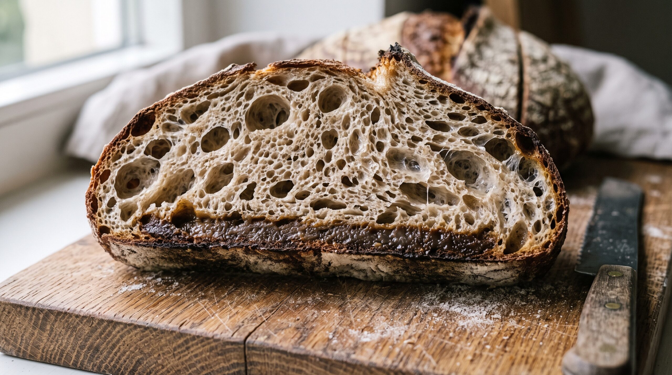 Sliced sourdough showing an open crumb on top and a dense compressed layer at the base