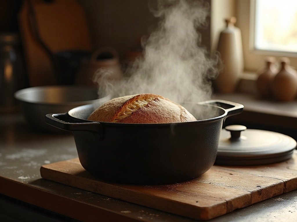 A sourdough loaf inside a hot dutch oven fresh from baking