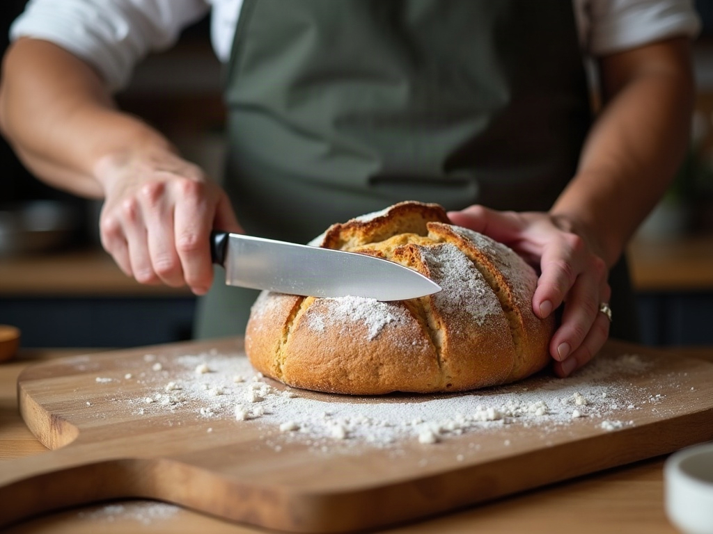 A baker slicing a fully cooled sourdough loaf