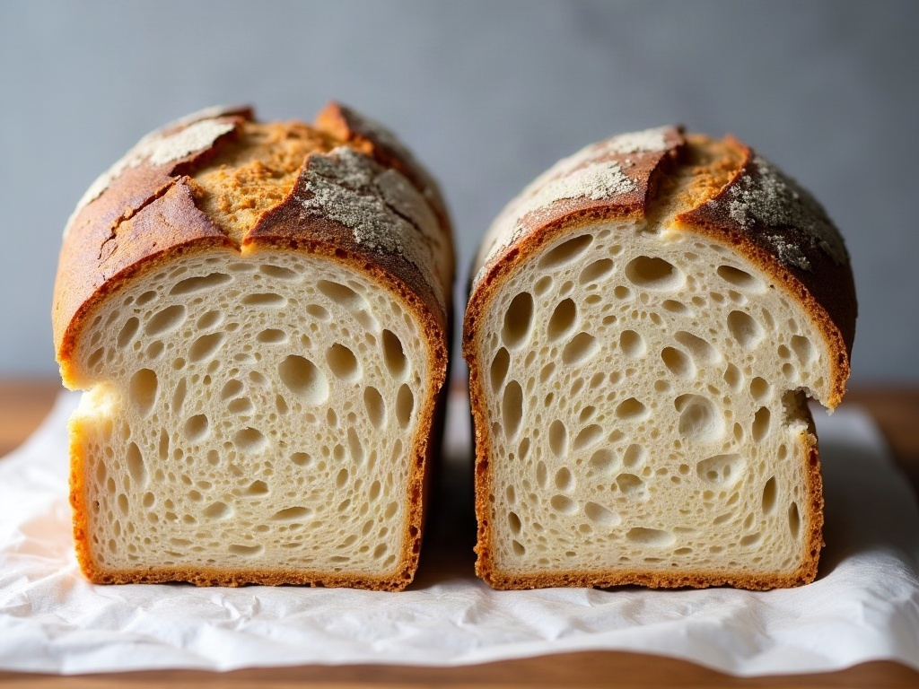 Comparison of a sourdough with a gummy base next to one with an even crumb throughout
