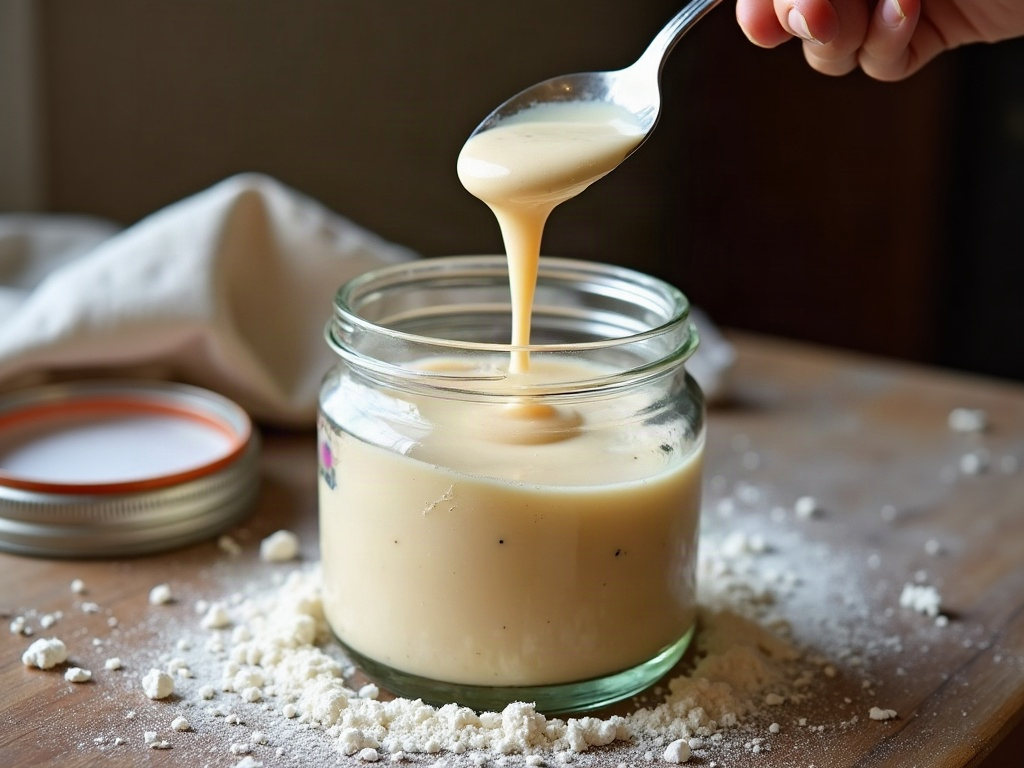 A jar of sourdough discard being stirred with a spoon showing its loose bubbly texture