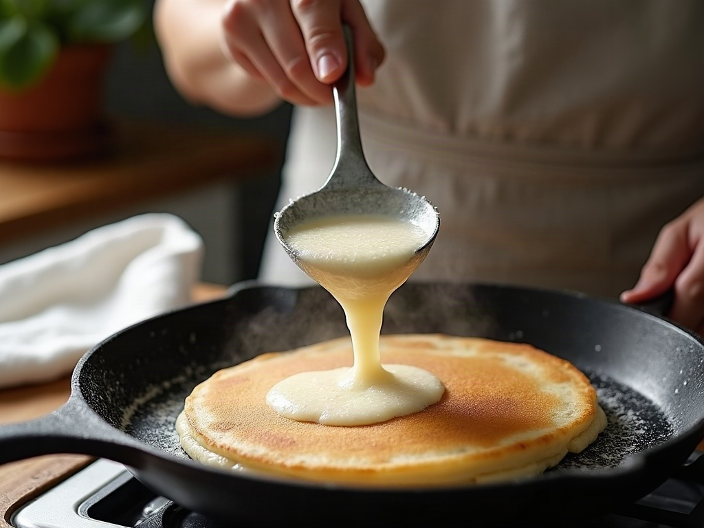 Sourdough pancake batter being poured onto a cast-iron griddle with bubbles forming on a cooking pancake