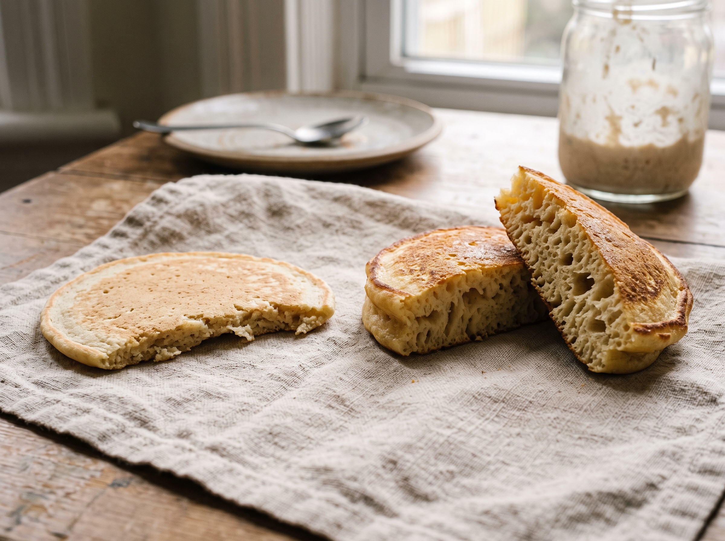 Two sourdough discard pancakes compared, one flat and dense, one tall and fluffy