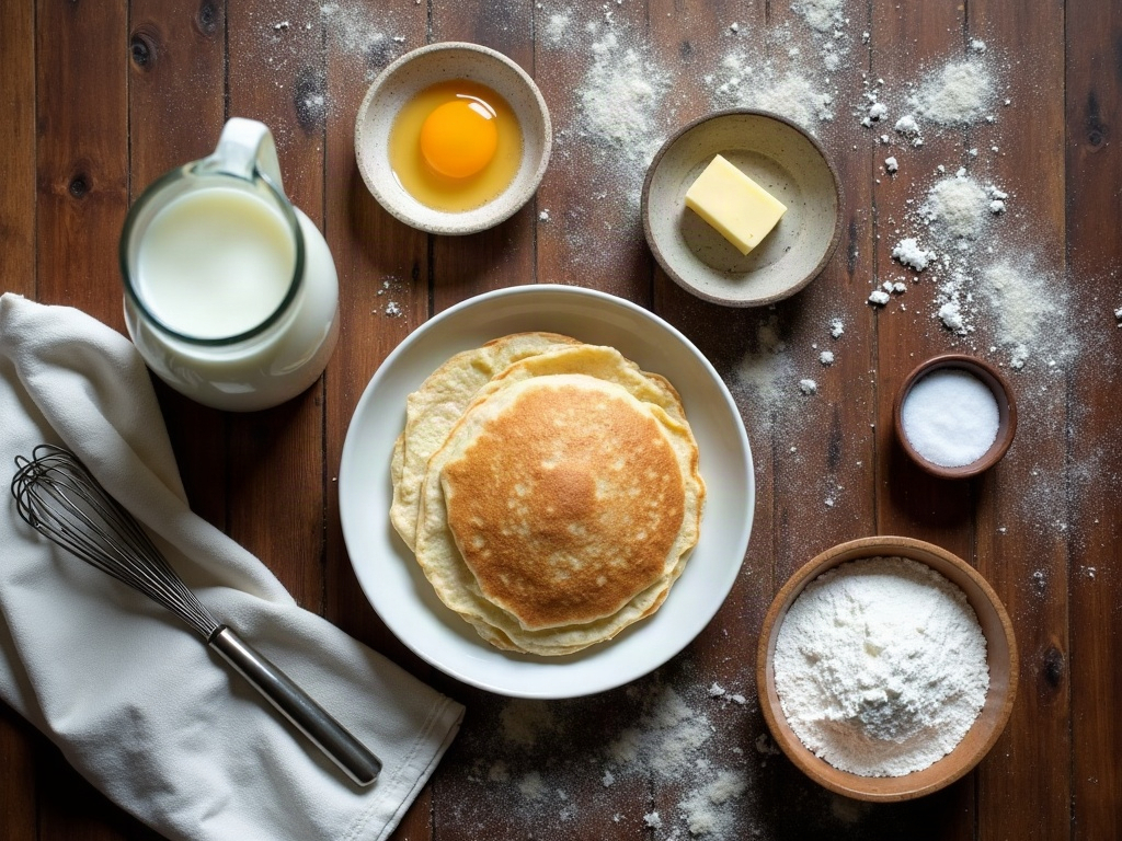 Overhead flat-lay of sourdough discard pancake ingredients on a floured wooden table