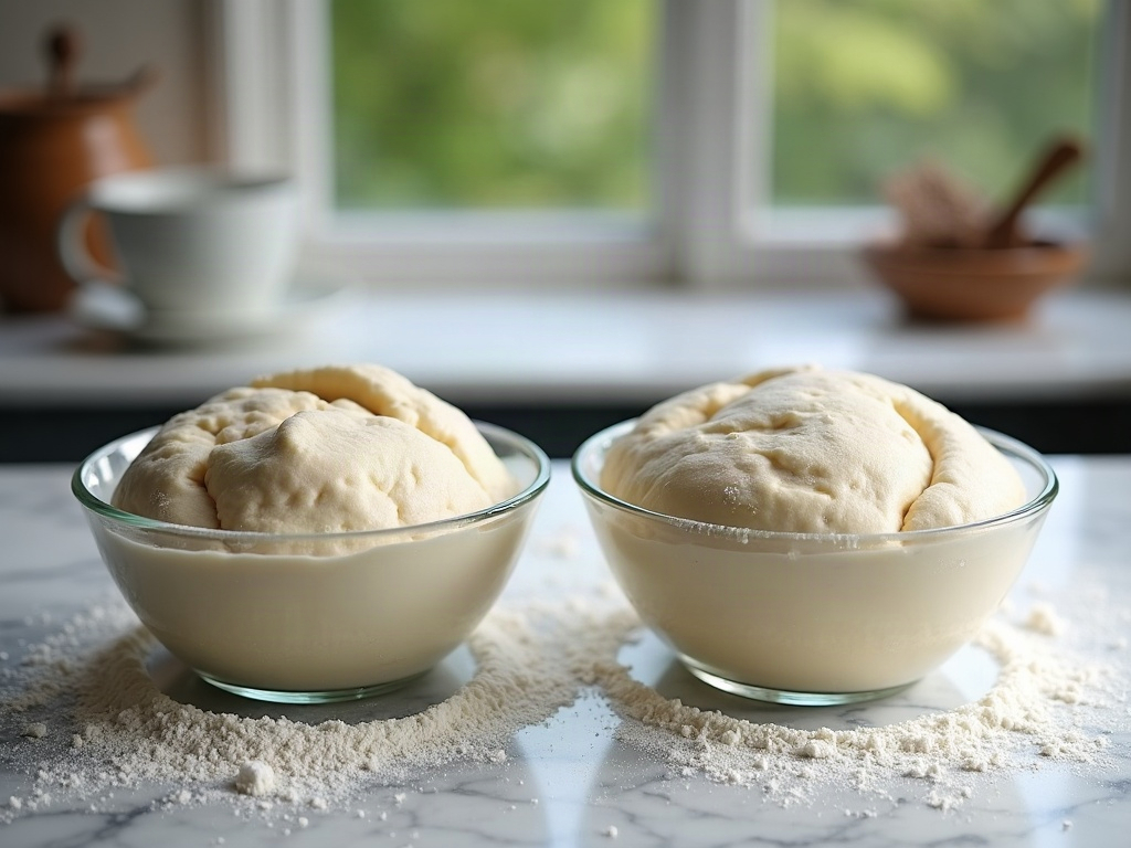 Two bowls of sourdough dough compared, one flat and cool, one risen and warm