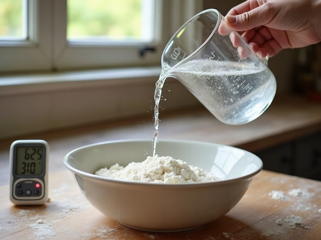 Water being poured from a measuring jug into flour with a thermometer resting nearby