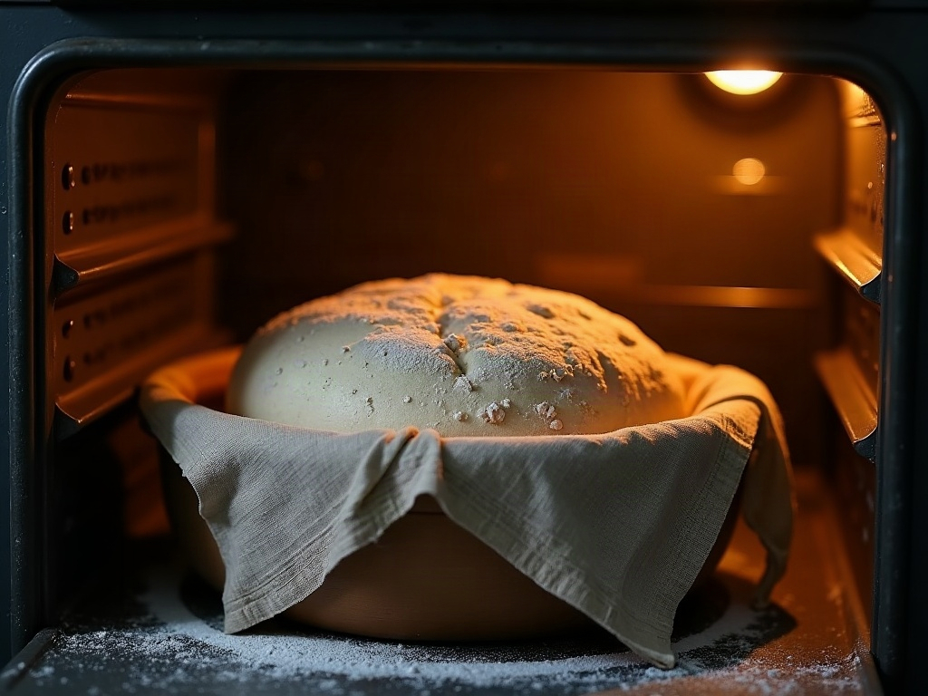 Covered bowl of sourdough dough proofing inside a turned-off oven with the light on