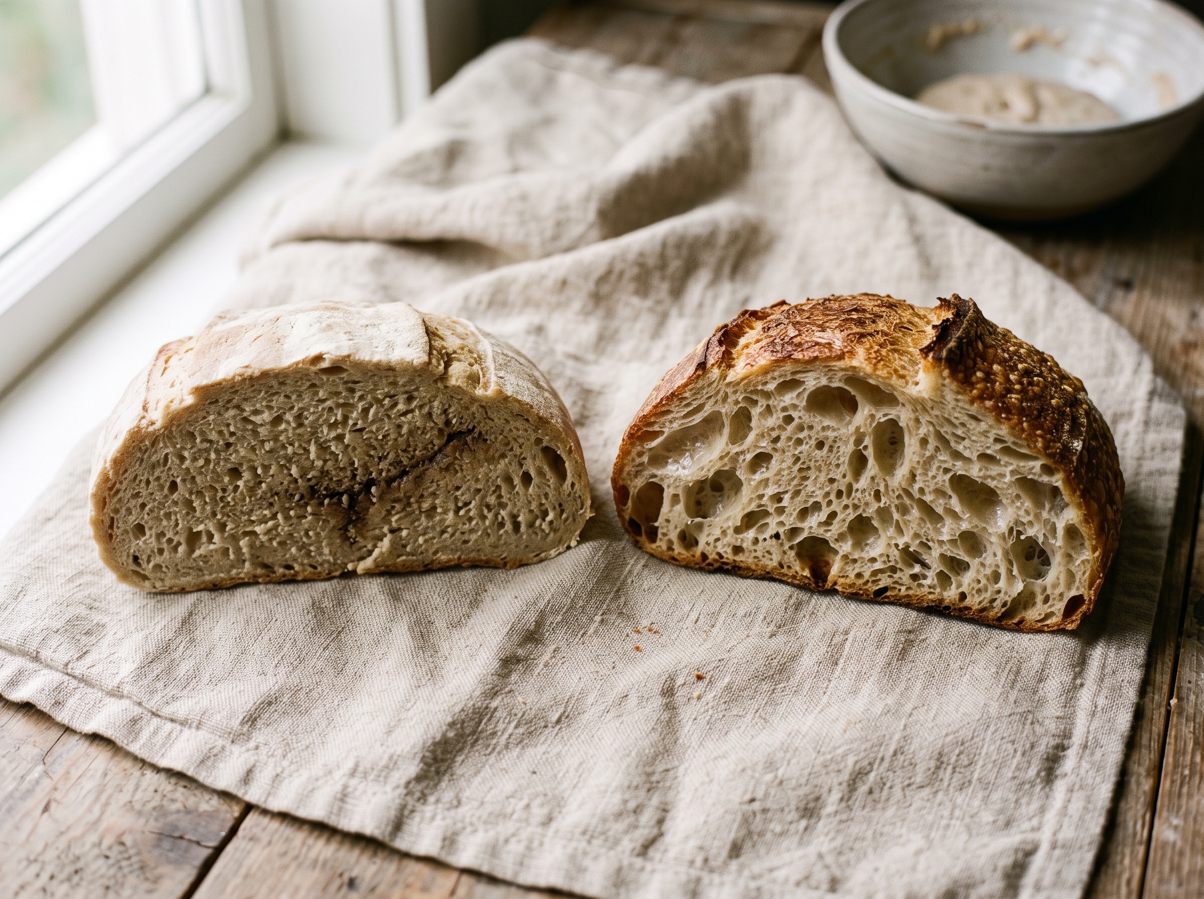 Two sourdough crumb cross-sections compared, one tight and gummy, one open and even