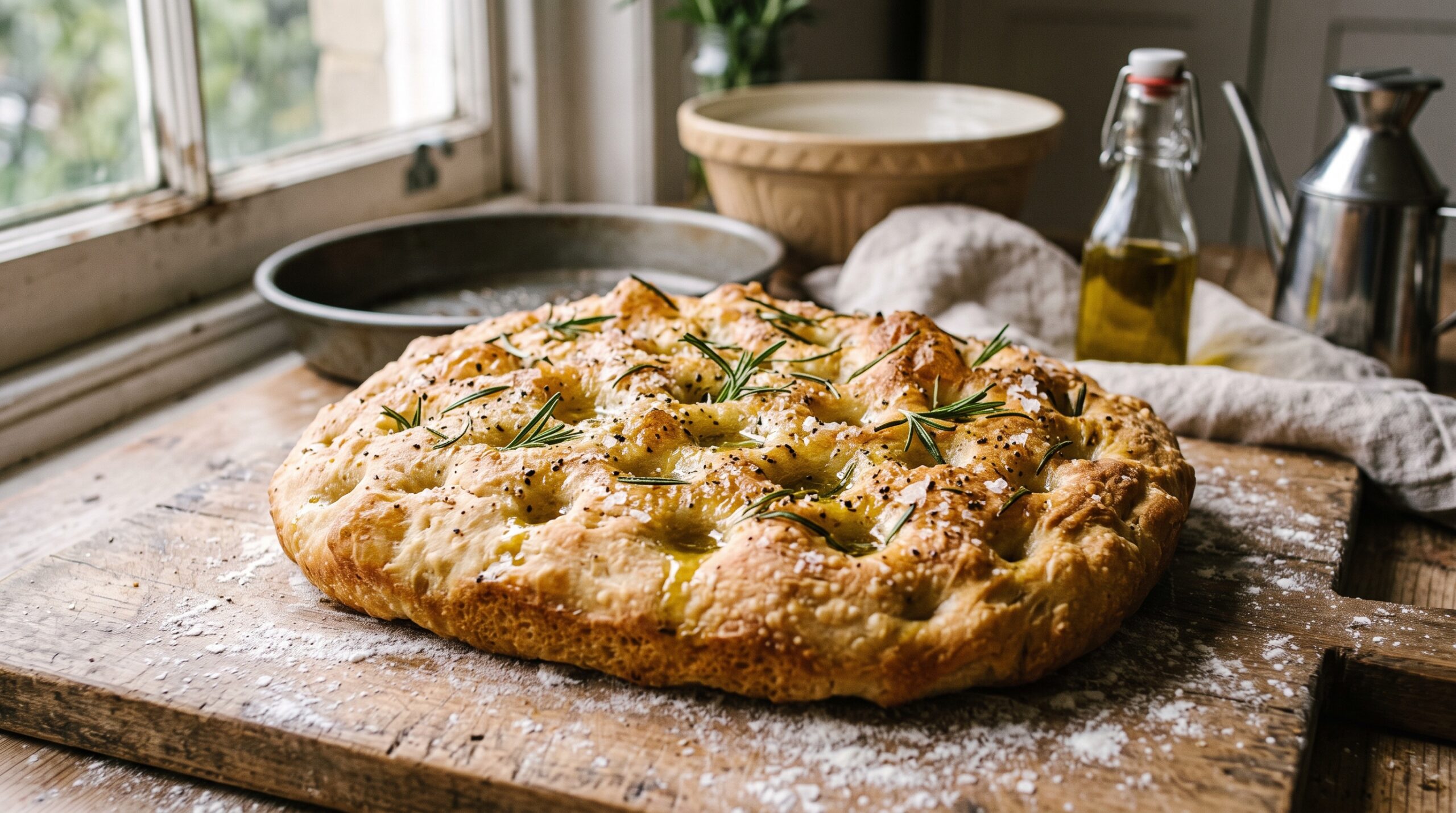 A golden dimpled sourdough focaccia glistening with olive oil, salt and rosemary